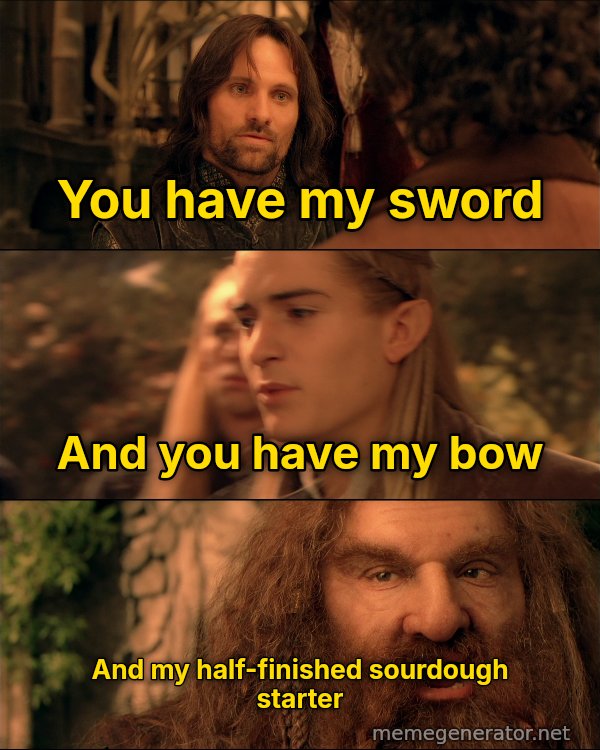 You Have My Sword, Bow and Axe meme: You have my sword / And you have my bow / And my half-finished sourdough starter